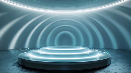 Fototapeta premium Floating Light Rings Podium: Sleek Metallic Podium with Light Rings