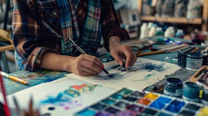 Obraz premium Fashion designer sketching new collection flat design front view creative process theme water color Tetradic color scheme