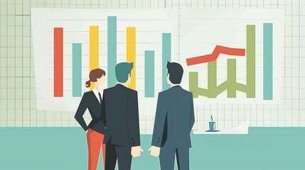 Finance professionals discussing graphs flat design side view economic analysis theme cartoon drawing colored pastel