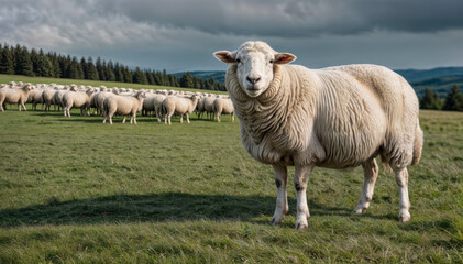 Fototapeta premium Group of white sheep close up portraits on defocused green background