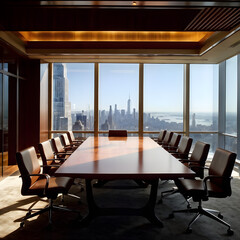 Interior Empty Corporate Office Conference Meeting Room Company Board Executive Professional Work Setting City Skyline Window View	