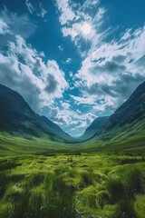 Majestic Scottish Highlands A Serene Green Valley under a Blue Sky
