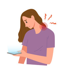 Young female lowing her head to use smartphone. Bad posture that cause of neck pain. Concept of back bone and muscle pain, health problem, bad habit, cause of headache. Flat vector illustration.