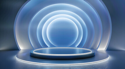 Floating Light Rings Podium: Sleek Metallic Podium with Light Rings