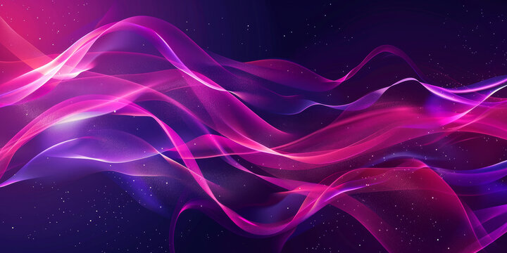 Curved neon textile waves, flow glowing lines with bokeh lights, sparkles, shiny glitters particles on dark background for business tech presentations, creative banners, cards, fashion style.