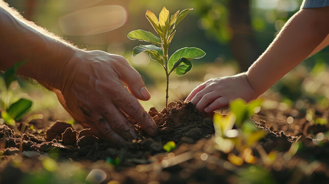 Close-up of a father and child hands planting a tree together, illustrating the concept of togetherness and the importance of nurturing the environment—an eco-friendly and Earth Day concept.