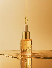 Golden Cosmetic Dropper Bottle with Droplet on Luxurious Background