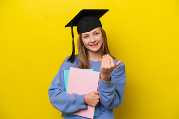 Young student Russian woman isolated on yellow background inviting to come with hand. Happy that you came