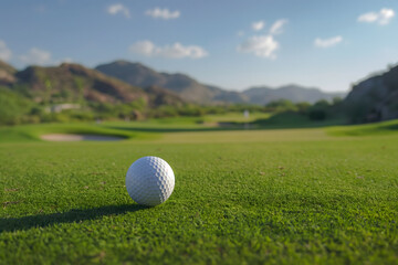 Serene Golf Ball on Lush Green Course at Sunrise