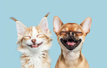 Banner two smiling Chihuahua and Bengal Cat with happy expression. and closed eyes. Isolated on blue colored background, studio shot against a single pastel color background