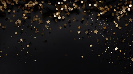Black and gold stars confetti on dark black background.