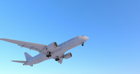 Commercial airplane taking off against a clear blue sky. 3D render