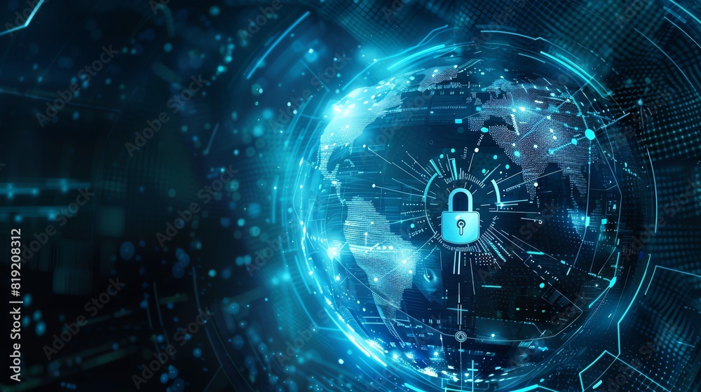 Poster digital global cybersecurity concept with a padlock symbolizing data protection and network security