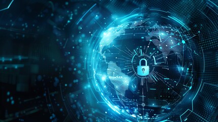 Obraz premium Digital global cybersecurity concept with a padlock symbolizing data protection and network security in a futuristic world of technology.