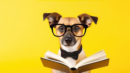 Funny dog in glasses and bow tie with book on yellow background - Powered by Adobe