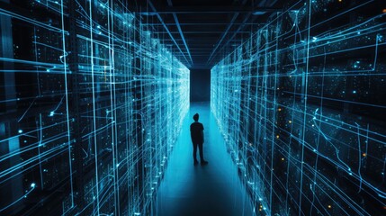 Rear view of a student standing in a server room with binary code