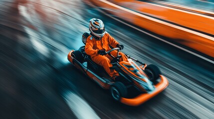 A karting racer in full gear takes a sharp turn, captured with a motion blur background depicting speed