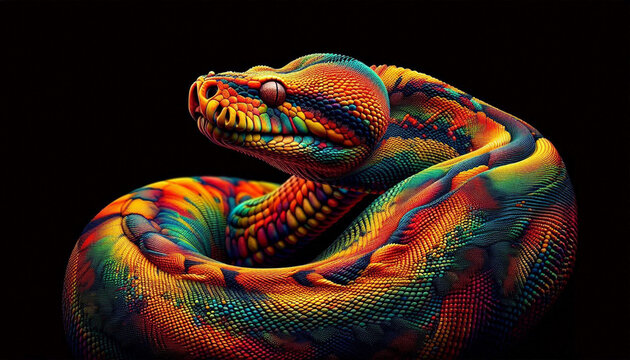 Abstract Colorful Cobra snake with a black background artwork anaconda