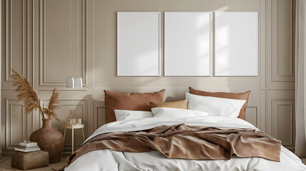 Contemporary Bedroom Interior with Neutral Tones and Blank Wall Art
