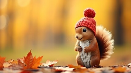Naklejka premium Cute squirrel in hat and scarf sitting on autumn leaves in park