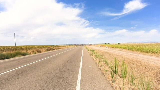 French Way of Saint James - P-980 paved road through agricultural fields next to Carrion de los Condes, province of Palencia, Castile and Leon, Spain