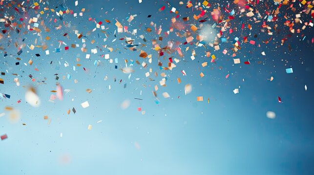 Colorful confetti on blue sky background. Holiday and celebration concept