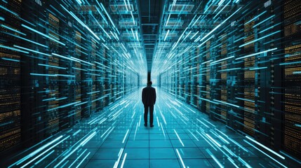 Rear view of a businessman standing in a server room with binary code