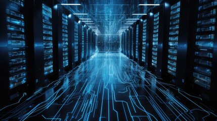 Server room with circuit board and data center background