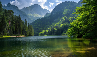 A calm lake surrounded by green trees and mountains. This is a scenery where the water reflects mountain peaks and clouds, creating a picturesque image of harmony with nature