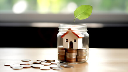 Small house with jar for the concept of saving money