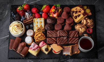 A platter with selected desserts is a real paradise for sweets lovers. An eclectic mix of traditional and modern treats, from heavy chocolate cakes to light and refreshing fruit mousses.