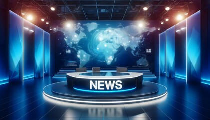 A modern and dynamic newsroom set, featuring a sleek news desk with the word "NEWS" prominently displayed, surrounded by high-tech lighting and large screens displaying a world map