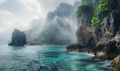 tropical coast with rocky cliffs on the seashore.