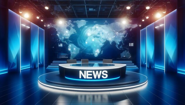 A modern and dynamic newsroom set, featuring a sleek news desk with the word "NEWS" prominently displayed, surrounded by high-tech lighting and large screens displaying a world map