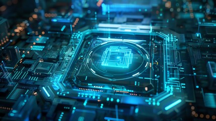 Fototapeta premium Futuristic microchip with glowing circuits, symbolizing advanced technology and innovation in digital processing and computing.