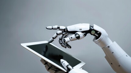 Modern high tech robot arm holding tablet
