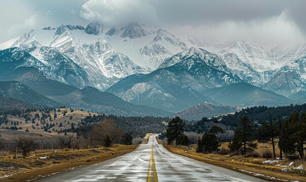 empty highway into beautiful snow capped rocky mountains.