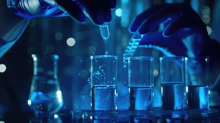 Science and medicine Scientists analyze and place samples into glass test tubes. Experiment with liquid chemicals in the laboratory DNA structure Innovation and technology