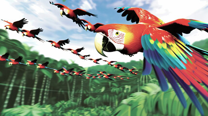 
Macaw Symphony: The Colorful Concert of Jungle Birds - Imagine a scene where a flock of macaws fills the sky with their vibrant colors and raucous calls, creating a colorful and cacophonous concert