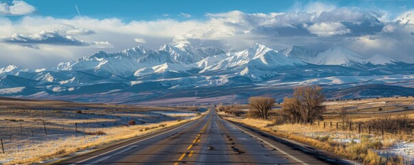 empty highway into beautiful snow capped rocky mountains. - Powered by Adobe