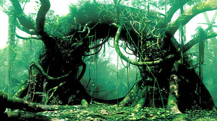 Vine Labyrinth: The Tangled Network of Jungle Vines - Picture a scene where jungle vines form a tangled network that weaves through the trees, creating a natural labyrinth that is both beautiful