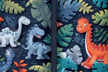 Paper cut dinosaurs in a jungle, suitable for educational materials
