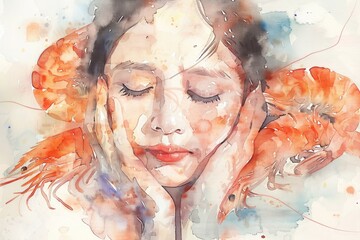 A serene watercolor painting of a woman with her eyes closed. Perfect for relaxation and mindfulness themes