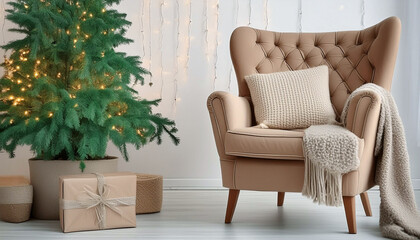 Obraz premium Comfortable armchair on white background with christmas tree and lights 