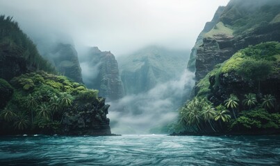 tropical coast with rocky cliffs on the both sides in the foggy day. - Powered by Adobe