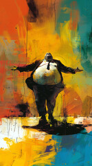 Obese fat man in a suit with his arms outstretched, with bright colors, an epic composition, in a digital oil painting style