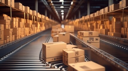 Cardboard boxes on conveyor belt in warehouse.