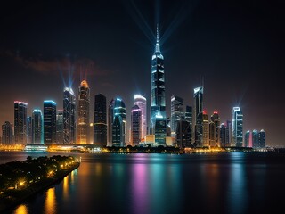 Obraz premium New overhead view of a bustling city at night featuring illuminated skyscrapers busy streets and vibrant city lights