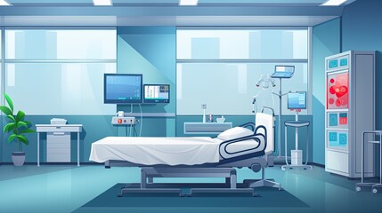 Hospital room with bed and equipment in cartoon style