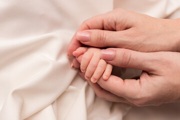 Handle of a newborn baby in parental hands.	